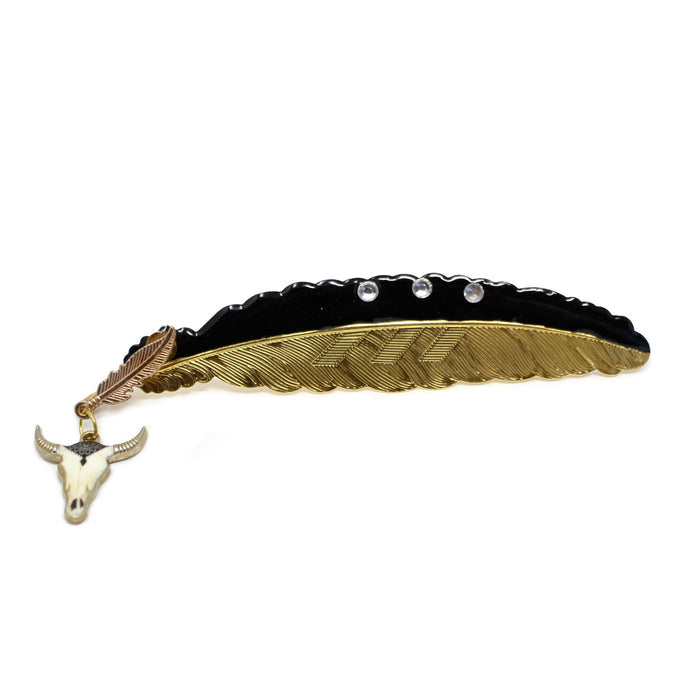 Aluminum Double Feather Hat Accent- Tricolor Steer Head
