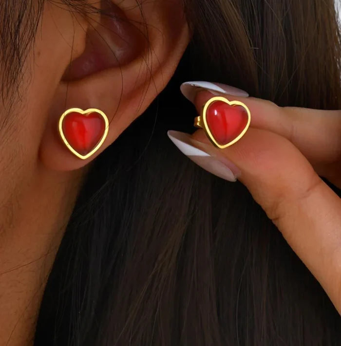 Baari Red Heart earrings by NIIRA, bold red and gold-dipped brass statement earrings