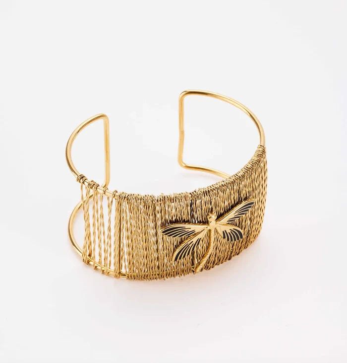 Baari Dragonfly golden hand cuff bracelet by NIIRA, handcrafted brass gold-dipped artisan cuff
