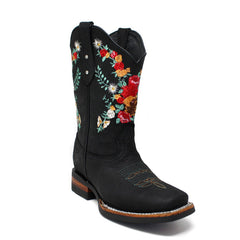 Black cowboy boot with colorful floral embroidery on a white background