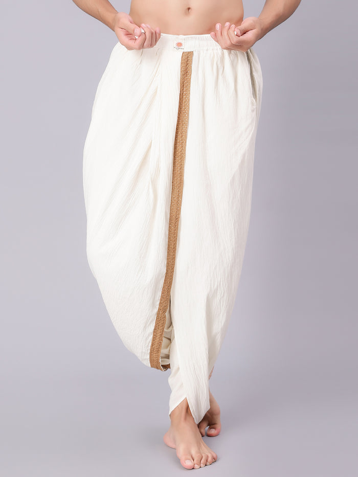Dhoti Drapers with border for men in off-white cream by NIIRA, khadi cotton dhoti pants