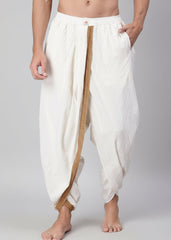 Dhoti Drapers with border for men in white by NIIRA, khadi cotton dhoti pants