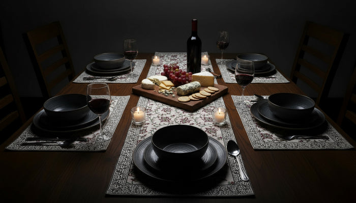 Hand block-printed table runner and mat set with climbers motif by NIIRA, handcrafted cotton