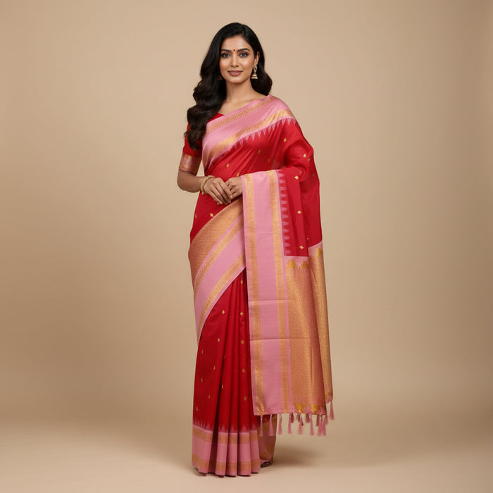 Ikkal Diamond Rudraksham handloom silk saree in pink and orange with gold border by NIIRA
