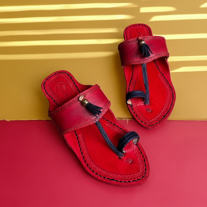 Karagiri Kolhapuri chappal in red and blue for men, handcrafted leather sandal by NIIRA