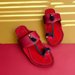 Karagiri Kolhapuri chappal in red and blue for men, handcrafted leather sandal by NIIRA
