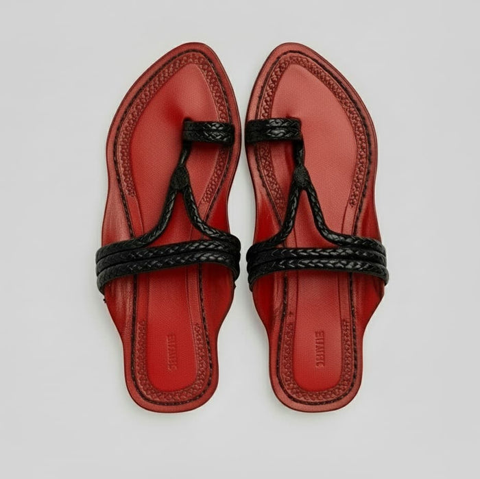 Karagiri Scarlet Braided Flat Kolhapuri chappal for women, handcrafted red braided leather sandal by NIIRA