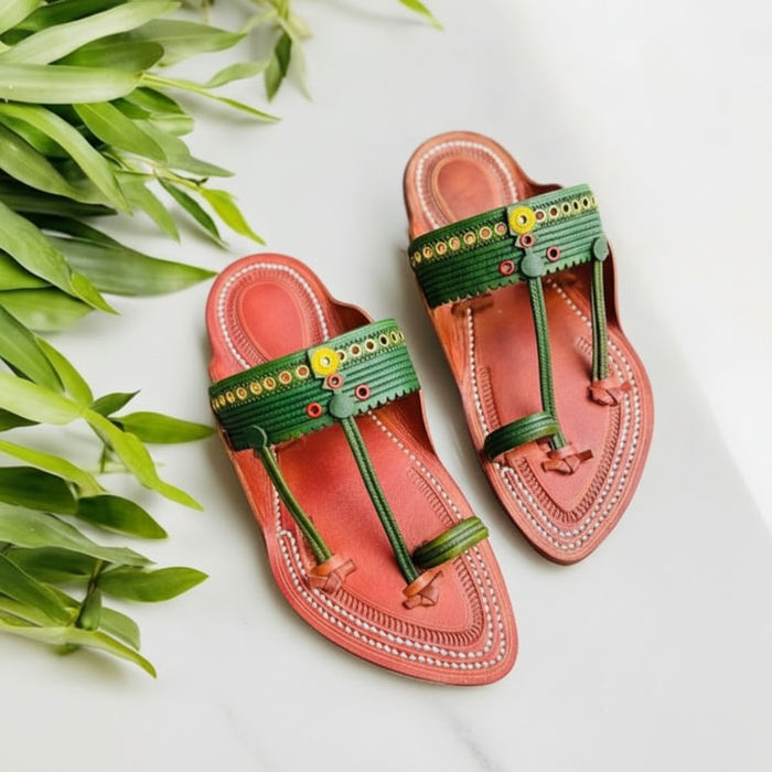 Khaal Kolhapuri chappal in red and green for men, festive handcrafted leather sandal by NIIRA