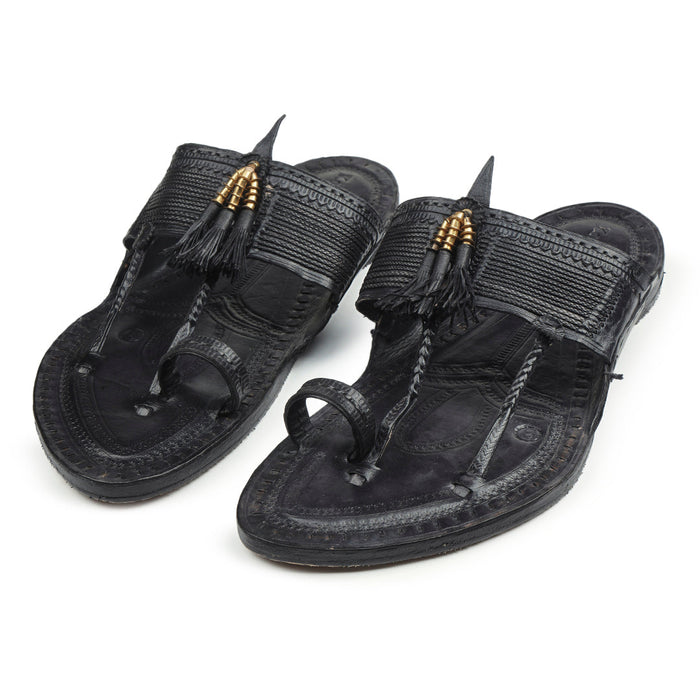Korakari Classic Black Kolhapuri chappal for men, handcrafted genuine black leather sandal by NIIRA
