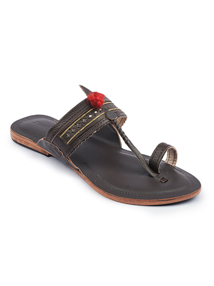 Korakari Red Gonda Kolhapuri chappal for women, handcrafted leather artisan sandal by NIIRA