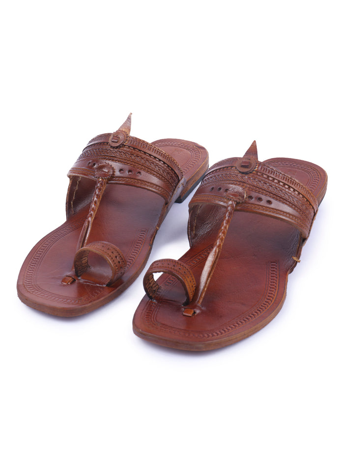 Korakari Soothing Tan Kolhapuri chappal for women in tan leather, handcrafted artisan sandal by NIIRA