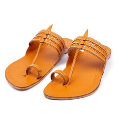 Korakari Yellow Kolhapuri chappal for men in vibrant yellow leather, handcrafted by NIIRA