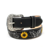 Leather Sunflower Belt w/ Silver Buckle - Black