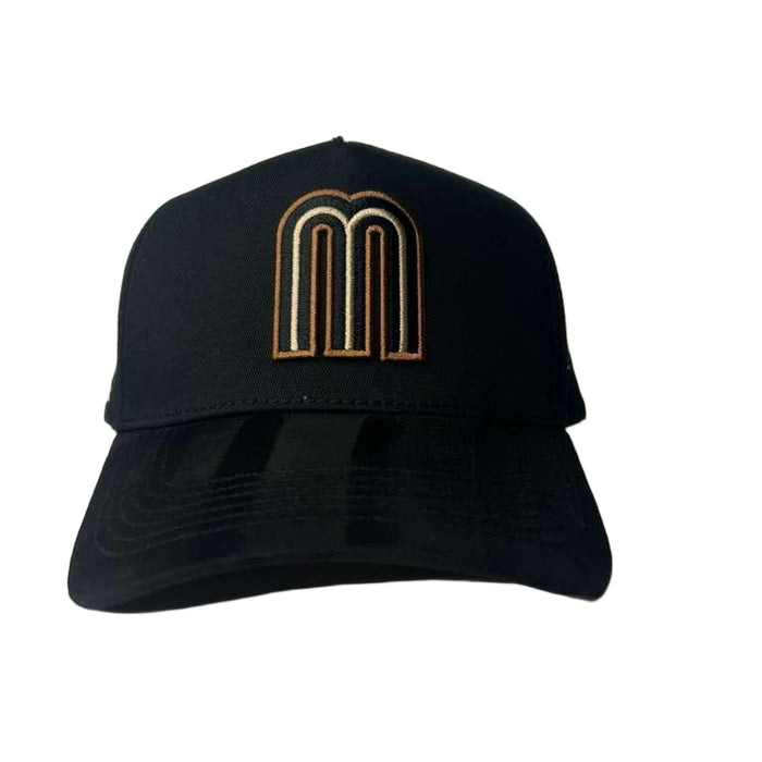 Black cap with gold logo on a white background