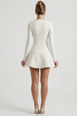 Bow-Detail Plunge-Neck A-Line Mini Dress in Ivory