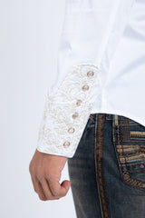 Men’s Platini White Western Dress Shirt – Embroidered Yoke Snap Button Long Sleeve