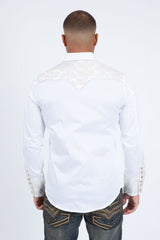 Men’s Platini White Western Dress Shirt – Embroidered Yoke Snap Button Long Sleeve
