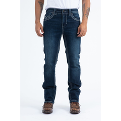 Platini men’s slim bootcut jeans in black with detailed triple-stitch design and embroidered back pockets, featuring a modern western look