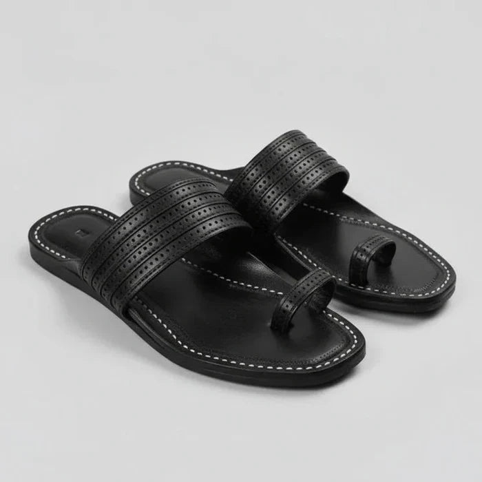 The Black Toe Kolhapuri chappal for men, handcrafted black leather sandal with toe loop by NIIRA