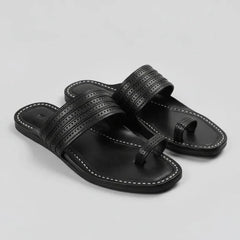 The Black Toe Kolhapuri chappal for men, handcrafted black leather sandal with toe loop by NIIRA