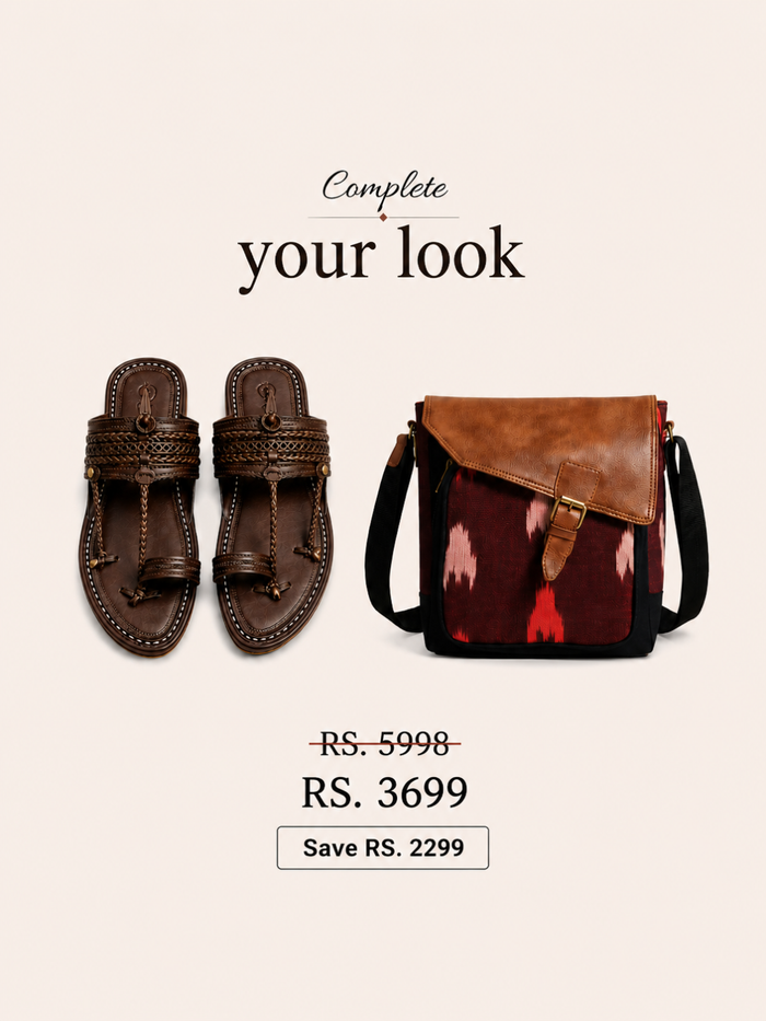 The Double Dark Kolhapuri Chappal + Nomad Archive Bag combo by NIIRA