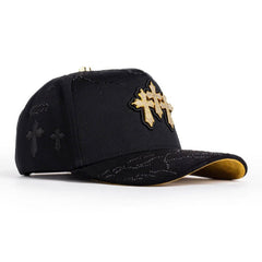 Triple Gold Cross Rhinestone Snapback Hat – Black & Gold Edition