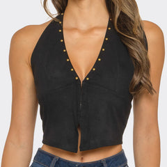 Western Nights Halter Crop Top – Black