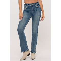 Close-up front view of Westfield Eagle high-waisted bootcut jeans showing fading, whiskering, and jewel button.