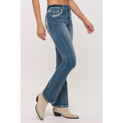 Side view of Westfield Eagle high-rise stretch bootcut jeans in medium wash denim.