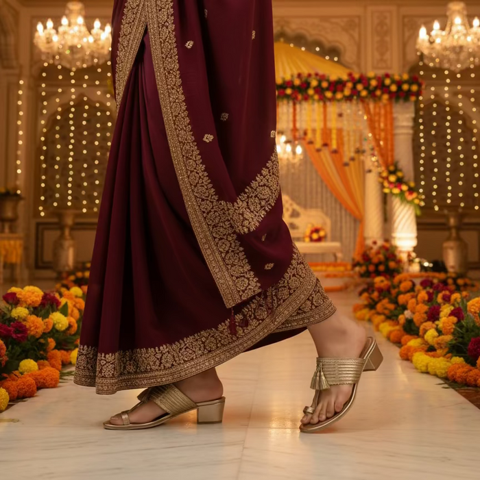Maroon saree with gold border worn by a person in a decorated indoor setting.