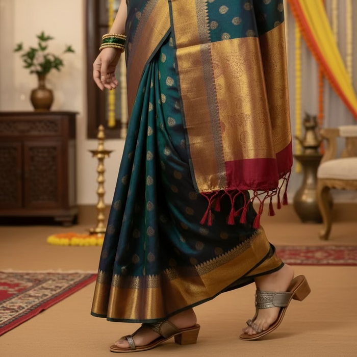 Person wearing a traditional saree with decorative elements in the background