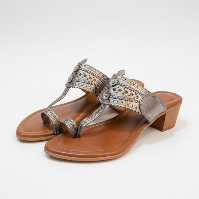 Two-Tone Kolhapuri block heels for women in brown and silver leather, handcrafted wedding-ready sandal by NIIRA