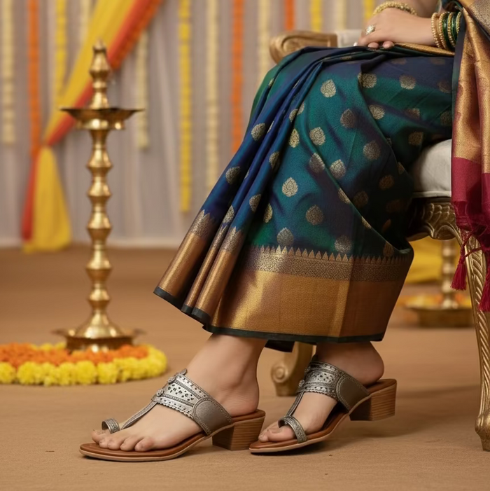 Person wearing a traditional saree with decorative elements in the background