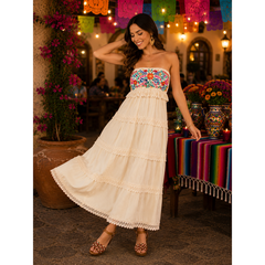 Artisanal Embroidered Dress- Beige