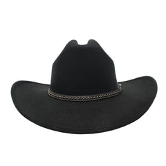 Front view of Sinaloa black forrada cowboy hat with braided hatband