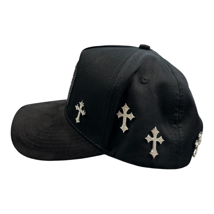 Side view of black JG snapback hat featuring silver rhinestone cross embellishments