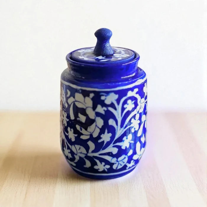 Jaipur Blue Pottery Decorative Jar by NIIRA, handpainted traditional Indian pottery