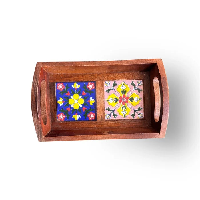 Jaipur Blue Pottery 2-Tile Serving Tray by NIIRA, handpainted ceramic decor