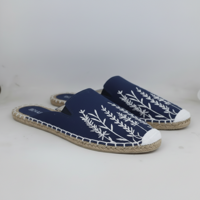 Blue Wing Bloom floral espadrilles for women, handcrafted canvas flats with jute sole by NIIRA
