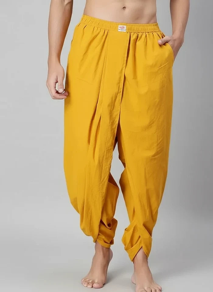 Lotus Motif Vira men's dhoti in mustard by NIIRA, handwoven cotton veshti wrap