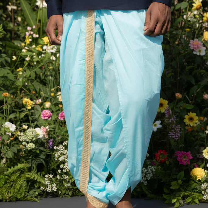Dhoti Drapers with border for men in blue by NIIRA, khadi cotton dhoti pants