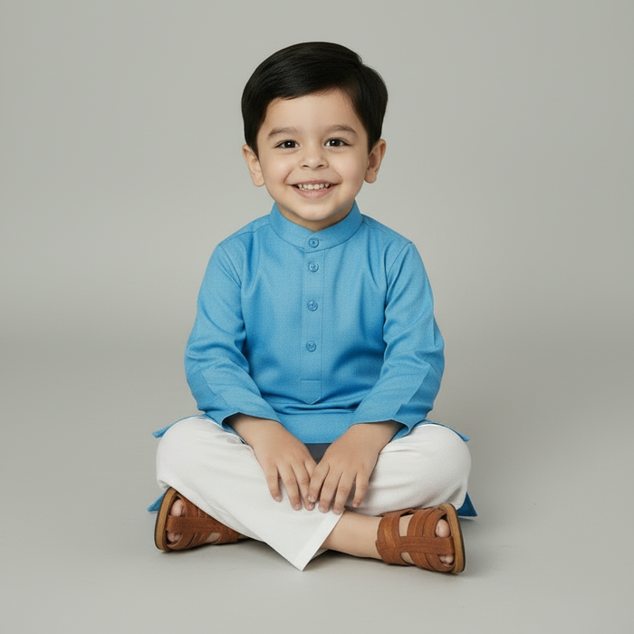 Ethnic Dhoti and Kurta combo for kids in sky blue by NIIRA, handwoven cotton set