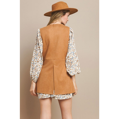 tan suede long western vest with button front and flap pockets
