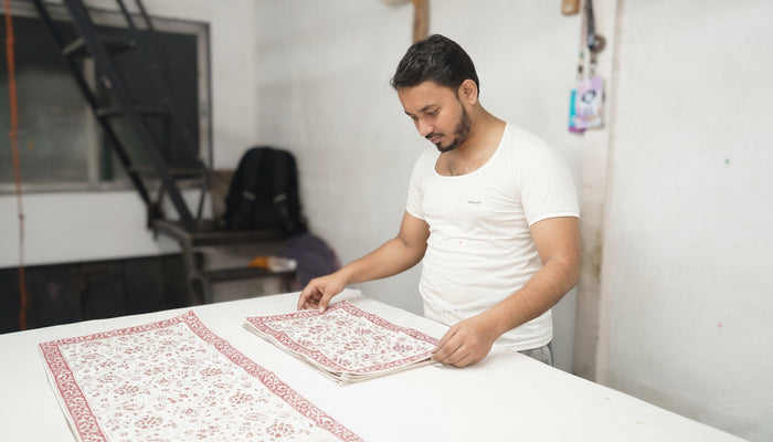 Hand Block-Printed Table Runner & Mat Set with Climbers