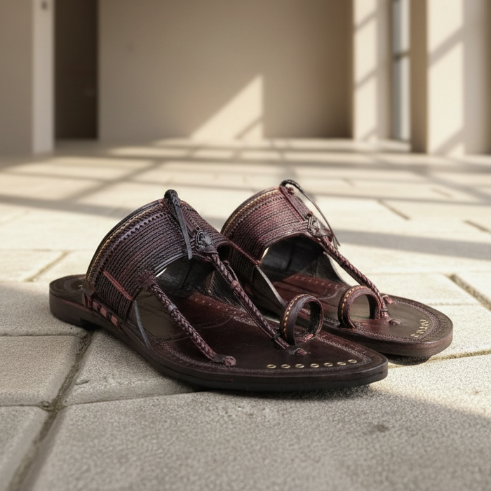 Pair of brown sandals on a stone floor with sunlight casting shadows.