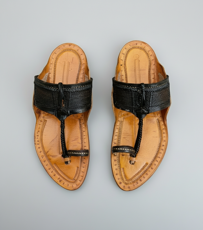 Pair of tan sandals with black straps on a gray background