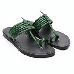 The String Green Karagiri Kolhapuri chappal for men with braided green straps, handcrafted leather by NIIRA