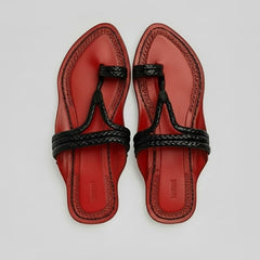 Karagiri Scarlet Braided Flat Kolhapuri chappal for women, handcrafted red braided leather sandal by NIIRA