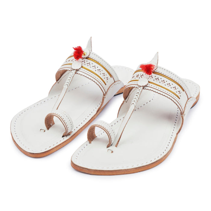 Korakari Authentic White Kolhapuri chappal for men with star punching detail, handcrafted leather by NIIRA