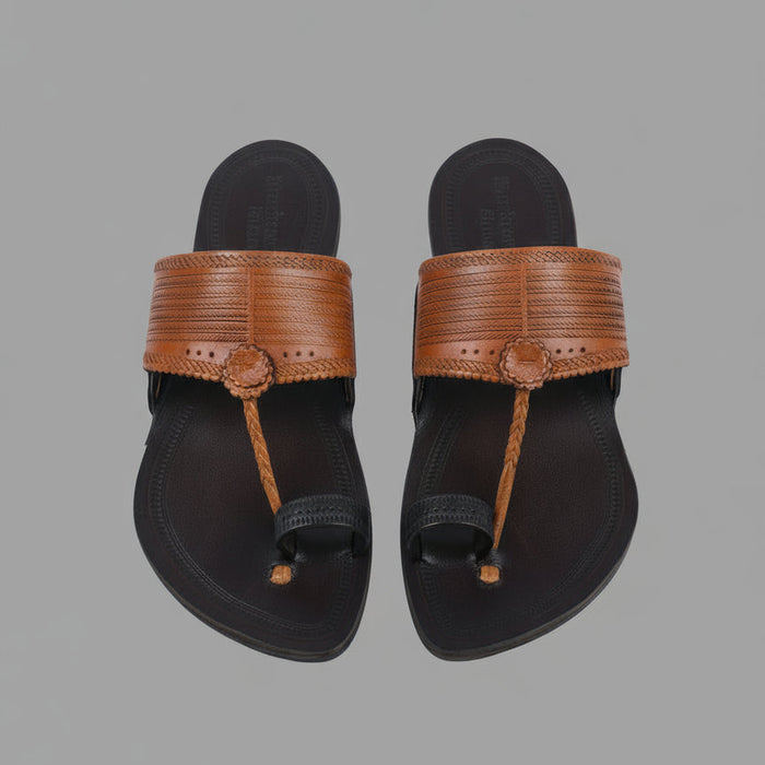 Korakari Dual Tone leather Kolhapuri chappal for men, handcrafted two-tone leather sandal by NIIRA